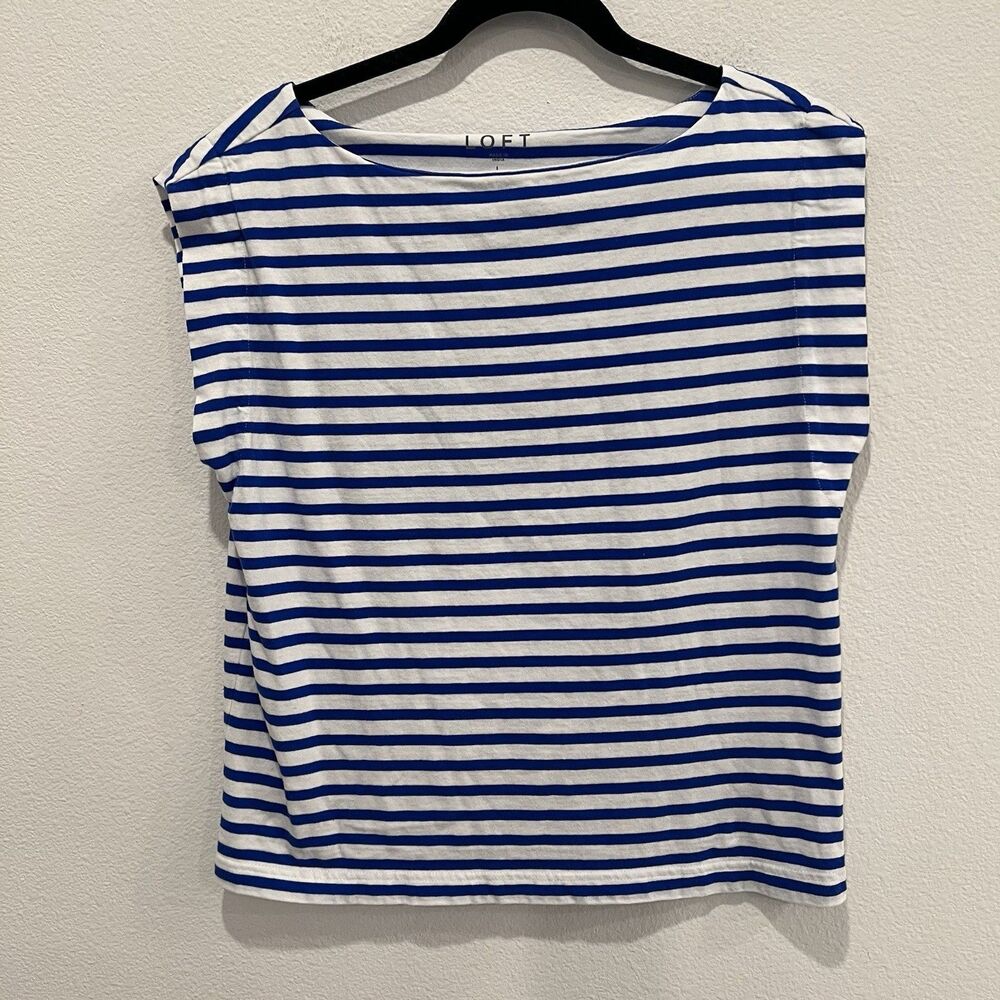 Loft Women’s Cap Sleeve Striped Blue Top Large Cotton Sailor Summer Party Brunch